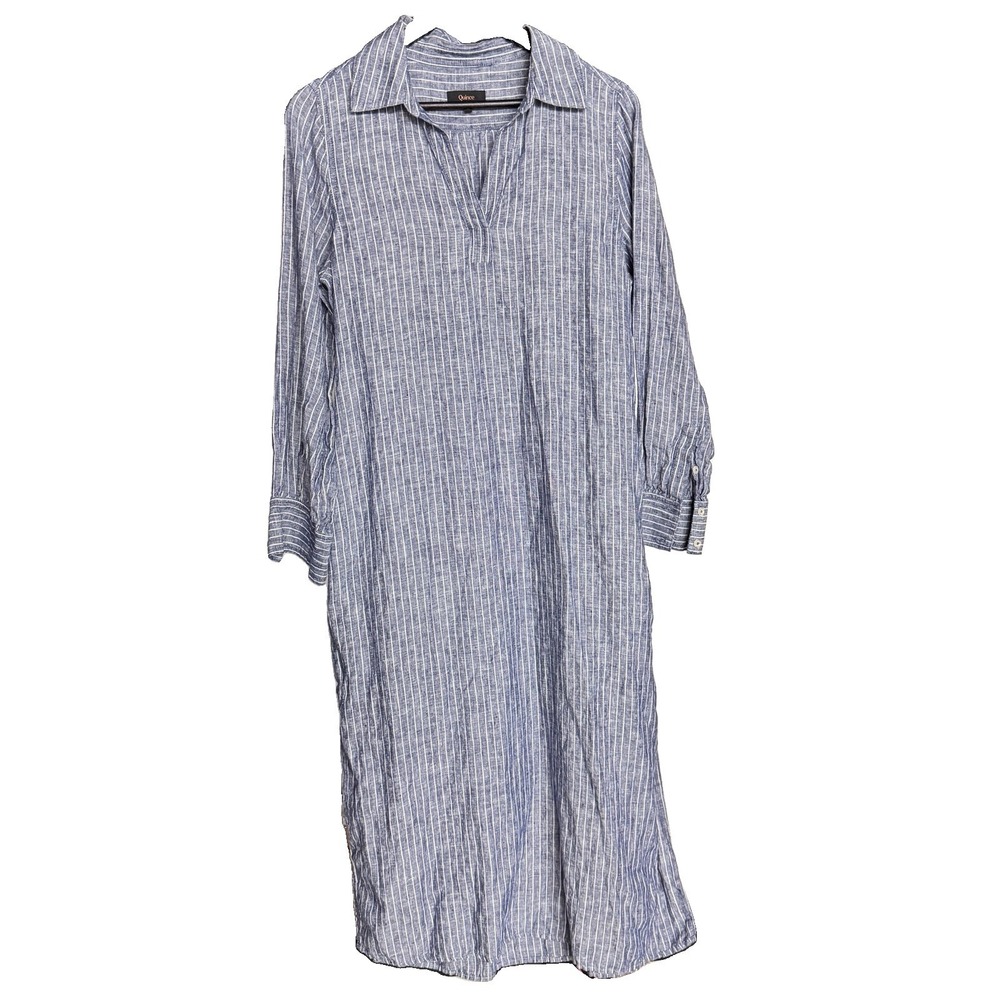 Quince Shirt Dress Sz M European Linen Button Front Blue Stripe Midi Minimalist